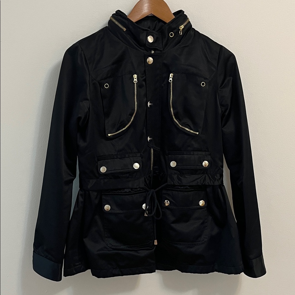LaRok Utility Jacket Coat Small Black with Gold Accents Hooded Lined Tie Waist